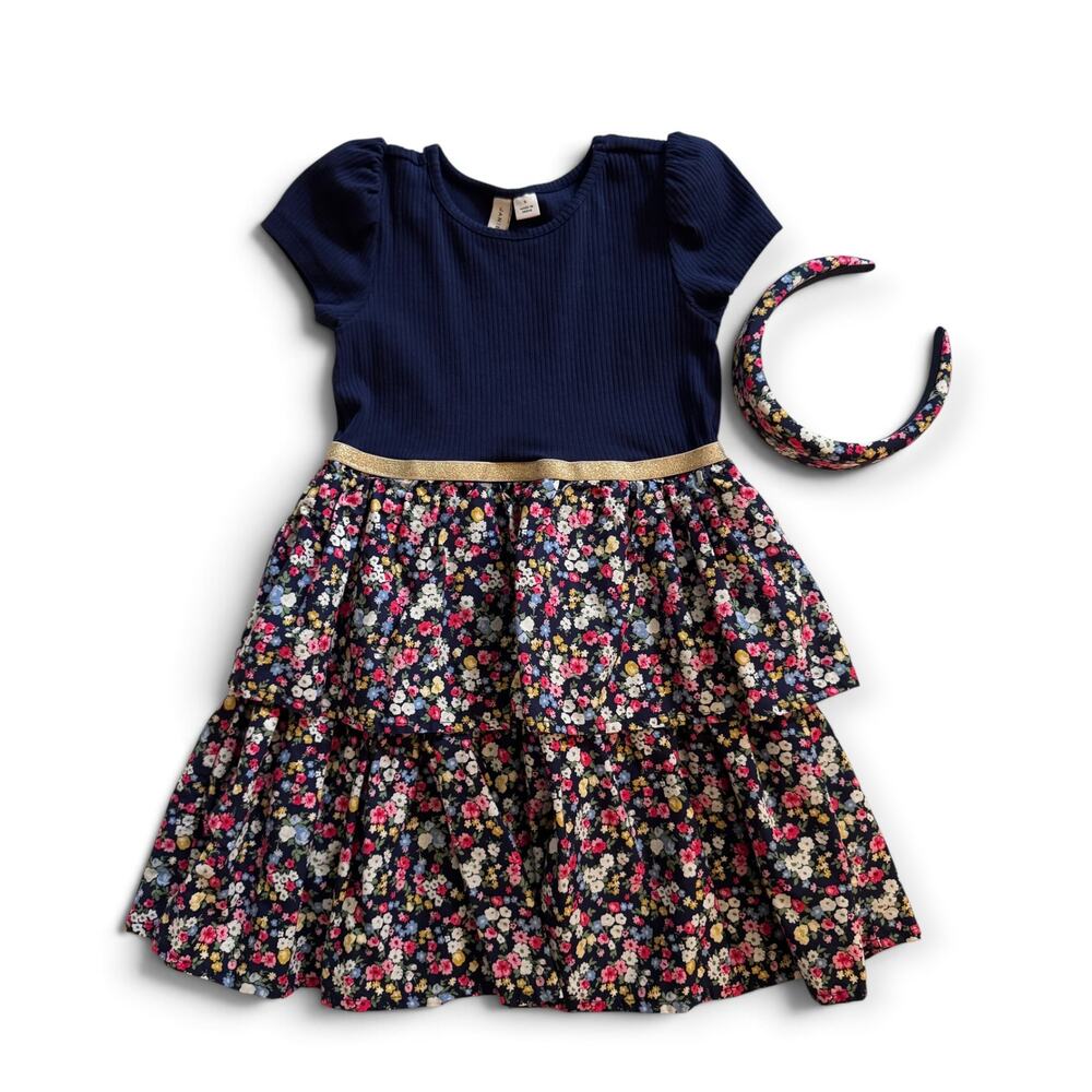 Janie and Jack navy ditsy floral tiered dress & matching headband